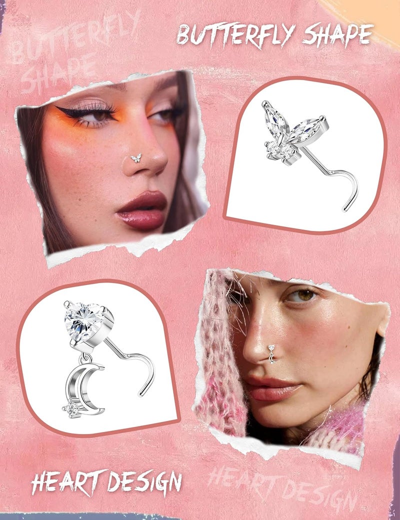 Sanfenly 12 PCS 20G Nose Rings Surgical Stainless Steel, L Shaped Nose Studs for Women Men, CZ Heart Butterfly Flower Leaf Moon Dangle Cute Nose Piercings Studs Screw Jewelry Pink/Purple/Blue/Clear - Image 2